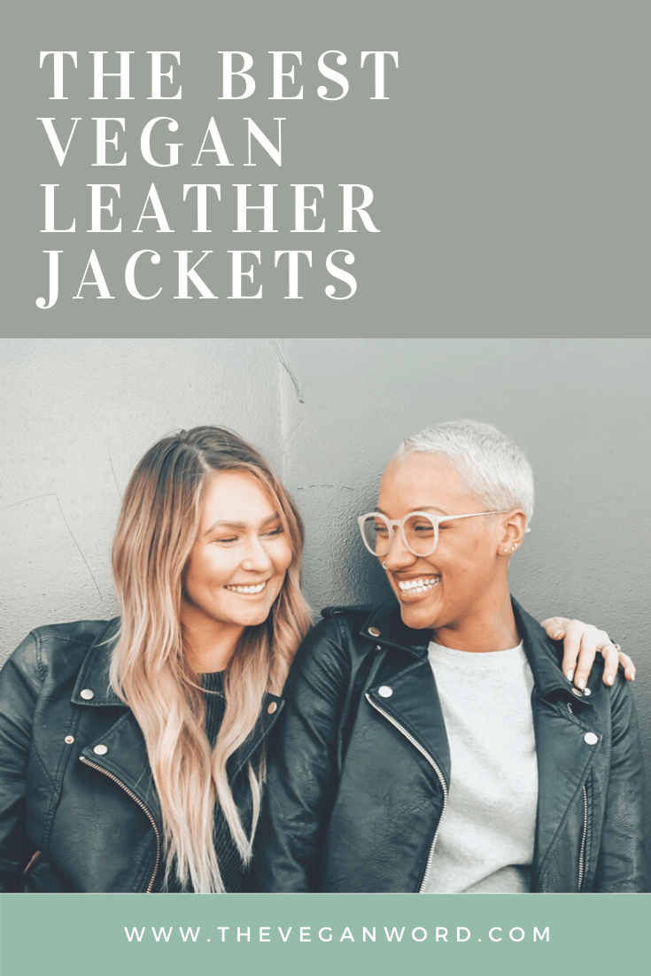 Pinterest image showing two people wearing black leather jackets, one person with arm around the other