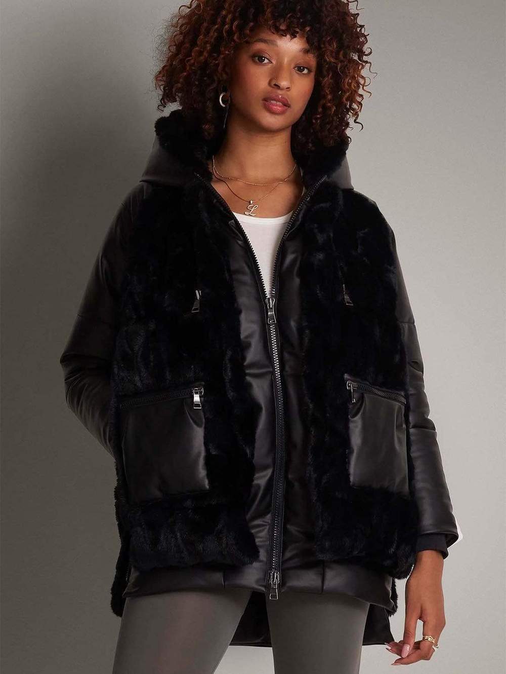 Black vegan leather puffer jacket with faux fur trim