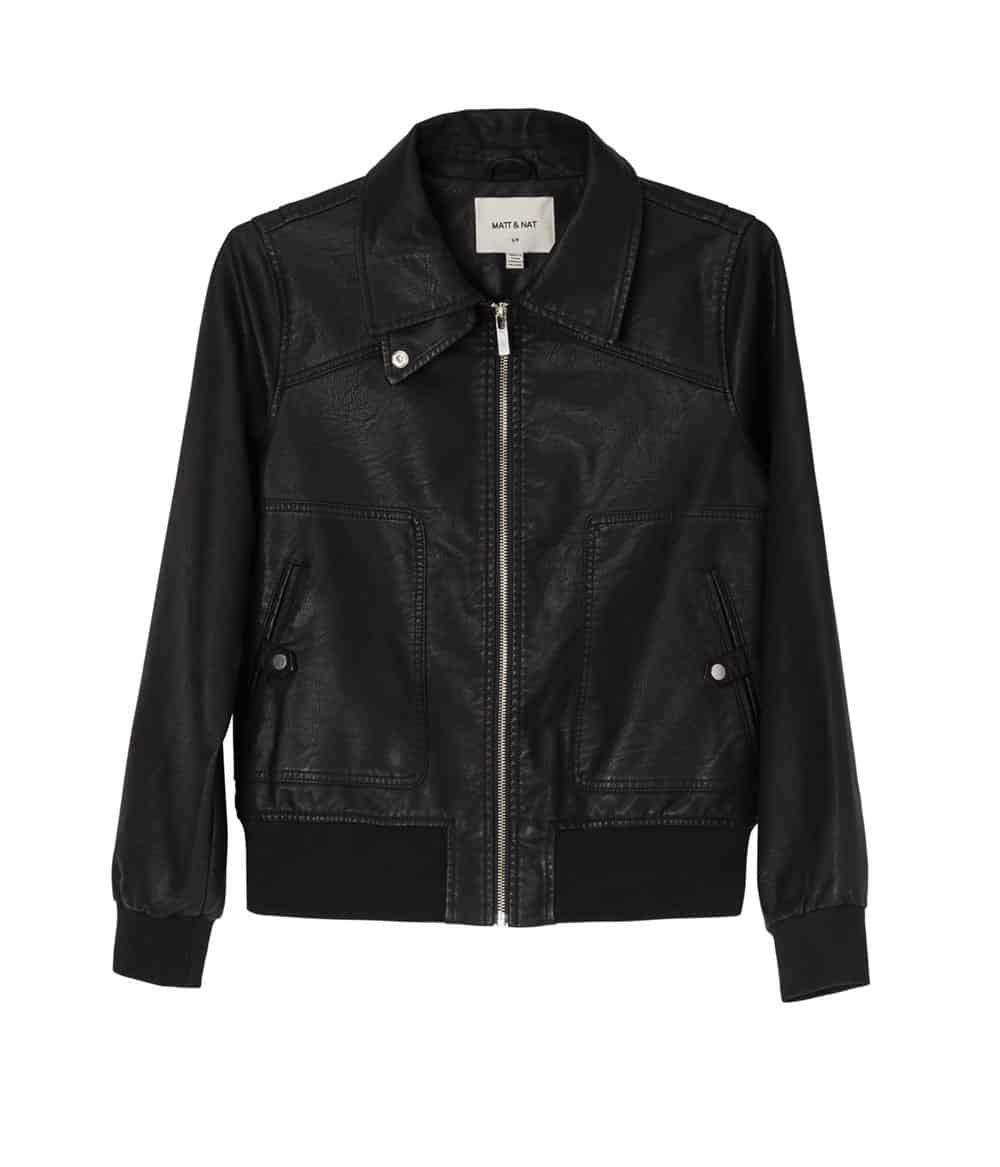 Black vegan leather jacket with elasticated cuffs and silver hardware
