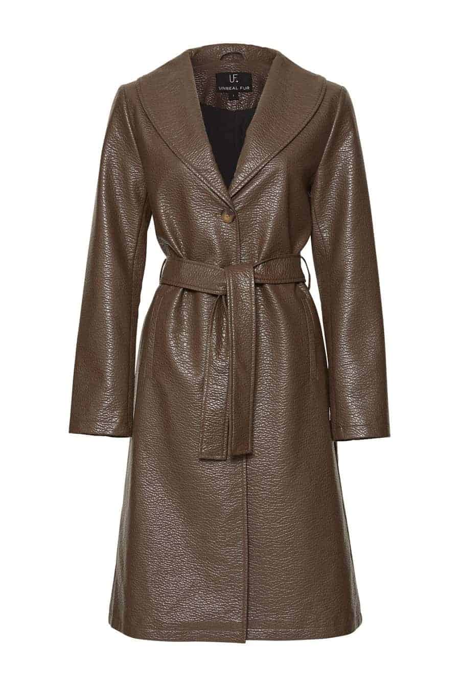 Brown pebbled vegan leather trench coat