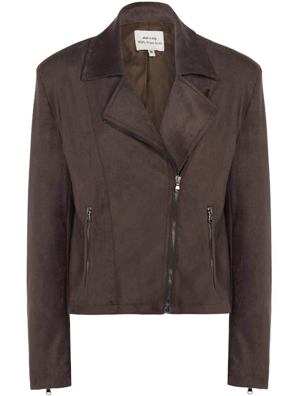 Brown vegan leather jacket with asymmetrical zipper and two side zip pockets