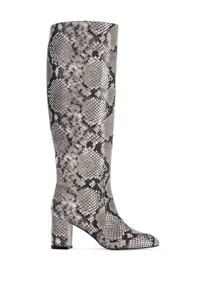 Heeled black and beige python effect knee high boots