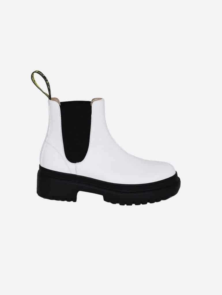 White vegan leather Chelsea boots with black sole and black elasticated side panel