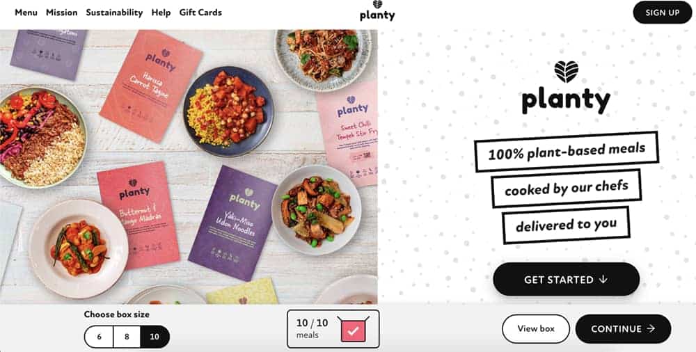 Screenshot of Planty page showing dishes in bowl next to packages of Planty meals