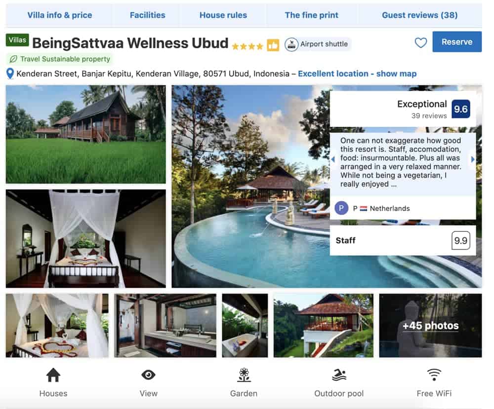 Screenshot of booking site showing pool, bedroom and exterior