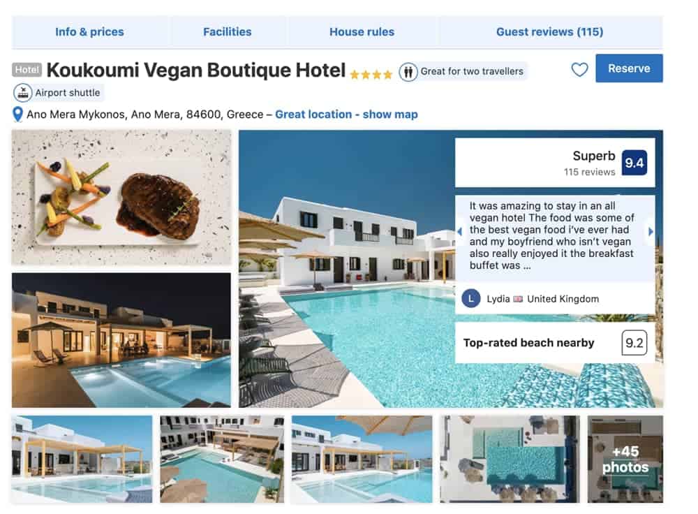 Screenshot of booking site showing pool and plate of food