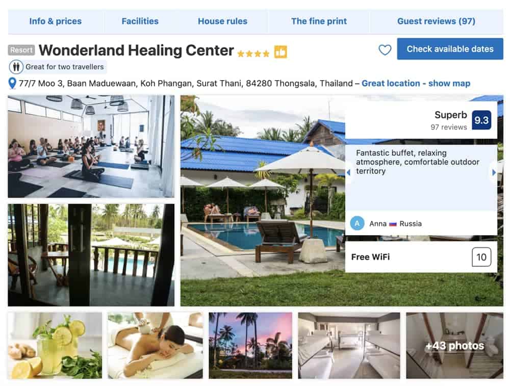 Screenshot of booking site showing pool, yoga class, juices and massage