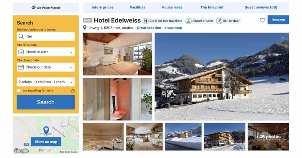 Screenshot of booking page for Hotel Edelweiss showing the outside of hotel, surrounding mountains and snow, plus pictures of rooms