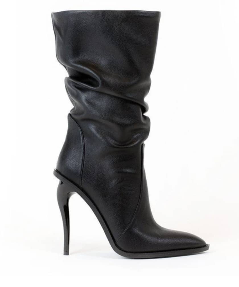 Sylth Virago black vegan boots with specialty curved stiletto heel
