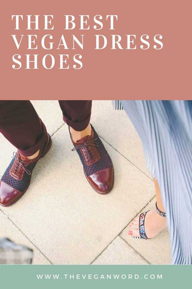 Pinterest image of two people's shoes, one wearing heeled sandals and the other brown and navy blue Oxfords