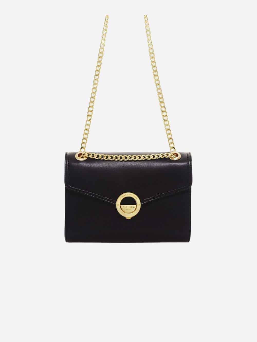 black bag with gold clasp and gold chain strap from ashoka paris vegan bags crossbody collection