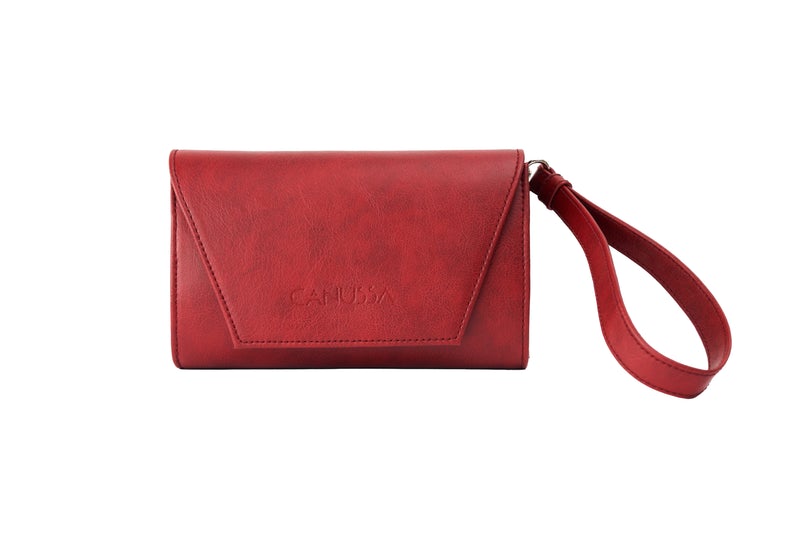 Red vegan leather hybrid card wallet, bum bag and clutch