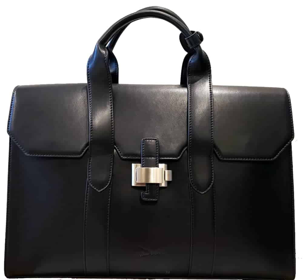Black briefcase in vega leather with polished nickel flap closure