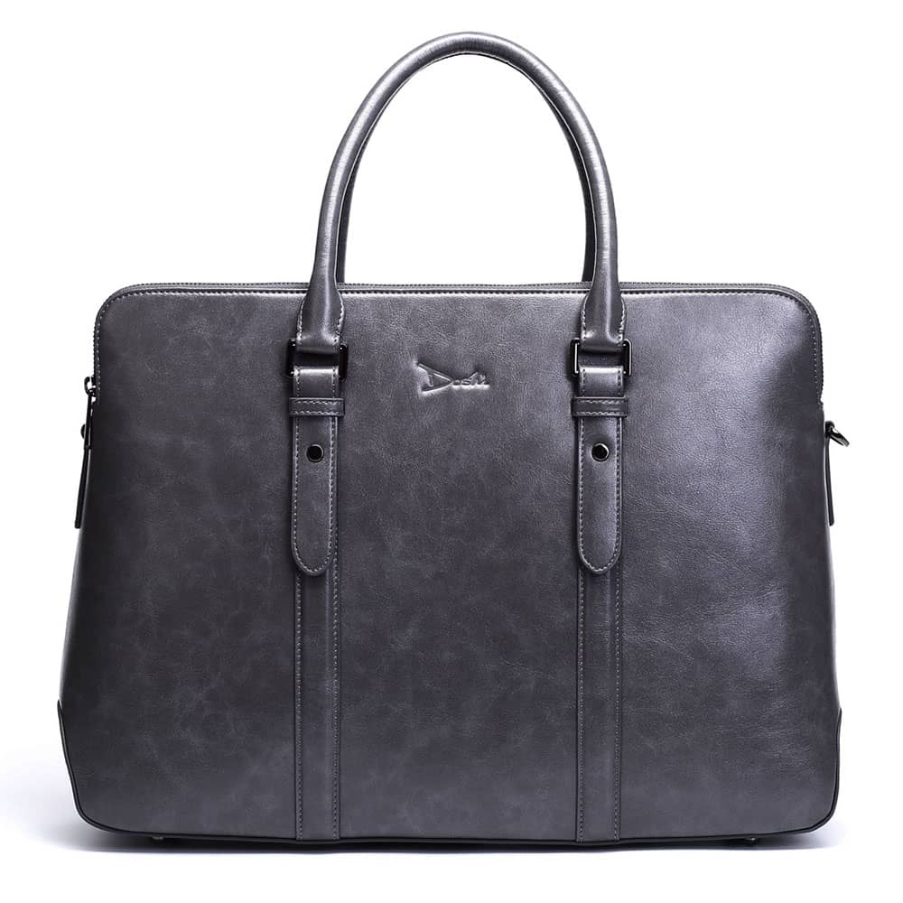 Large black vegan leather briefcase with zippered top