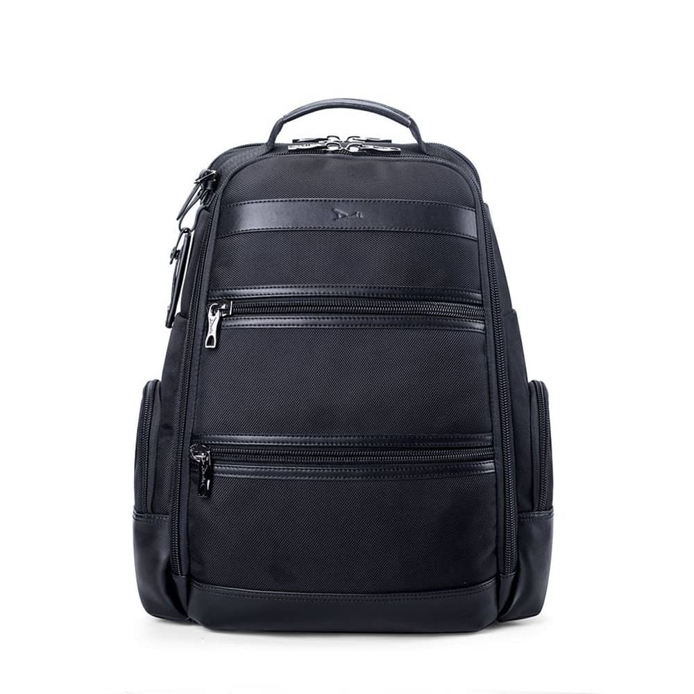 Black fabric and vegan leather backpack