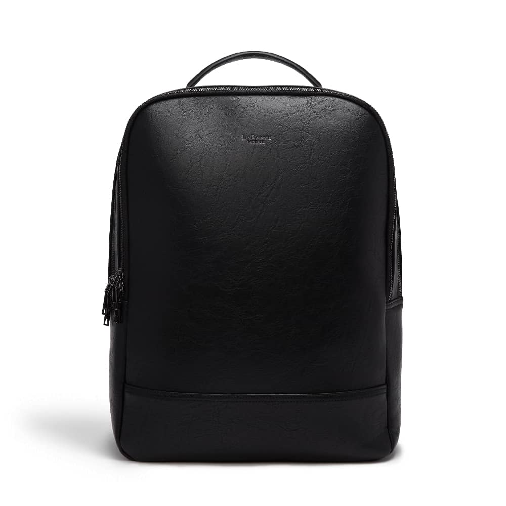 Black vegan leather backpack with black zips