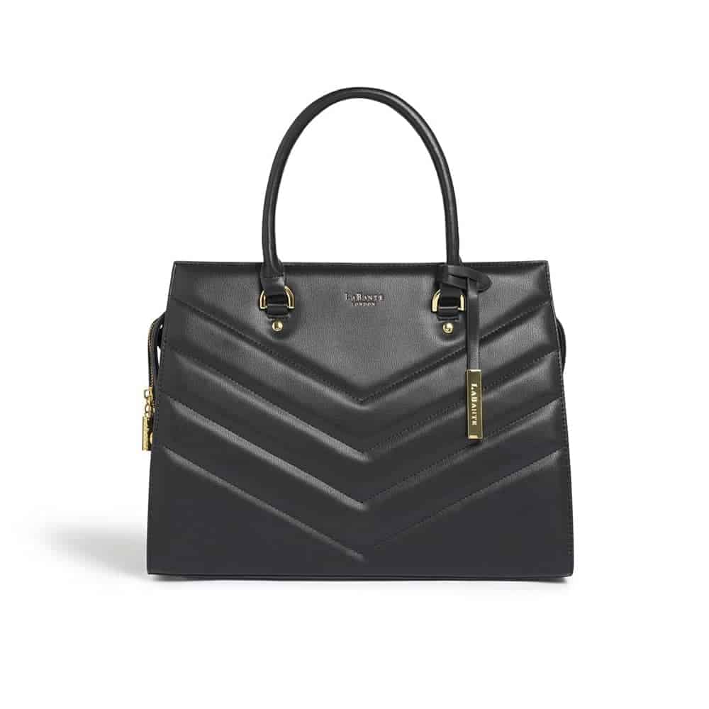 Black quilted vegan leather tote with gold hardware from Labante