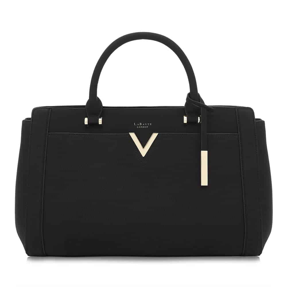 Black tote with gold hardware and gold metal V on the front