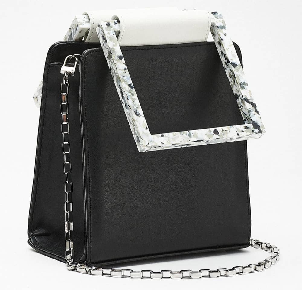 Black bag with silver chain and black and white square handle crossbody bag vegan from Mashu