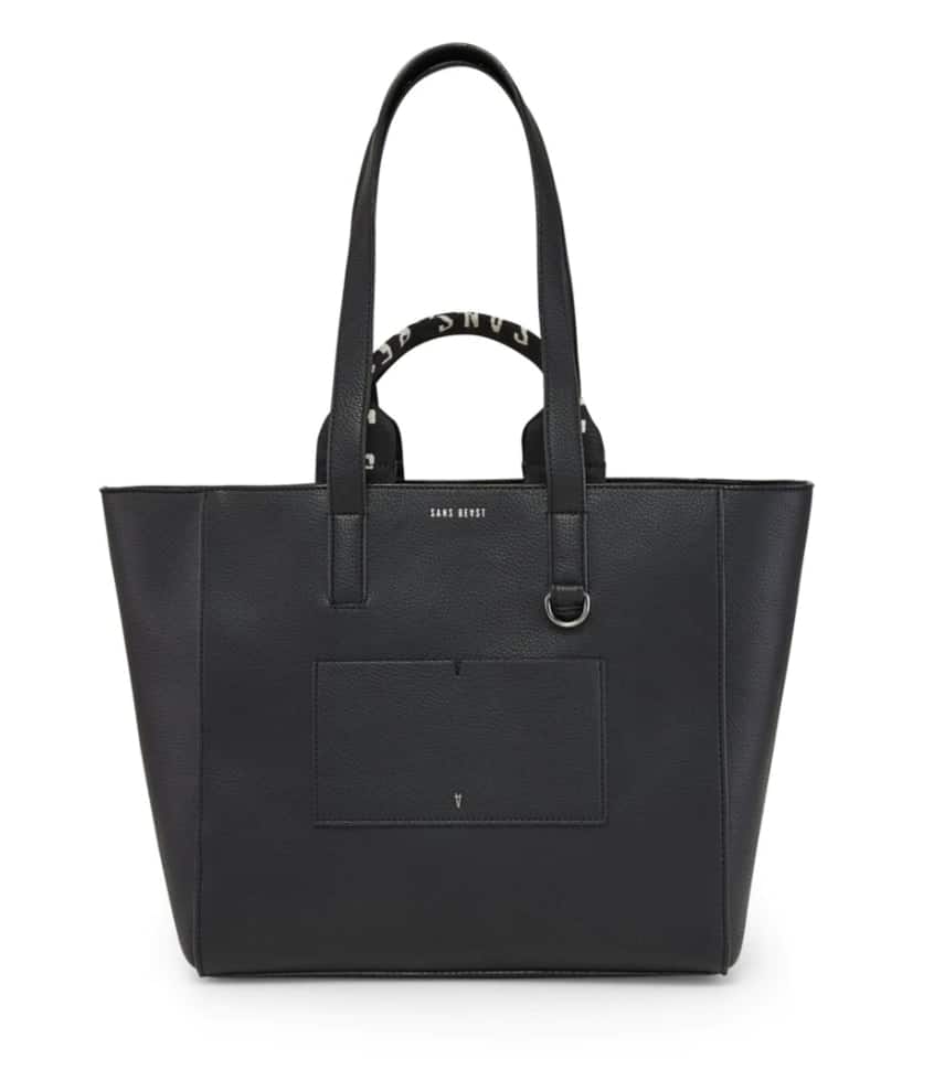 Black laptop bag vegan leather with black handles, has shorter and longer handles