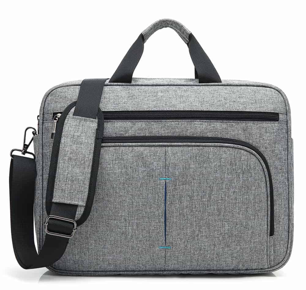 Grey canvas laptop bag with black trim