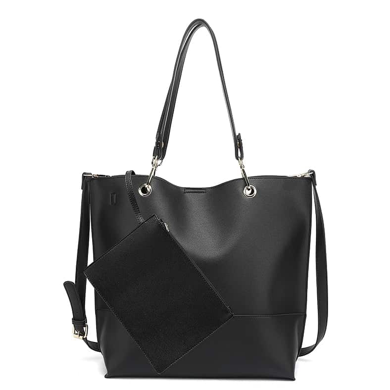 Black vegan leather tote with handles and longer strap