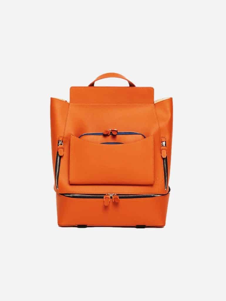 Orange blue laptop backpack, vegan leather, with blue details