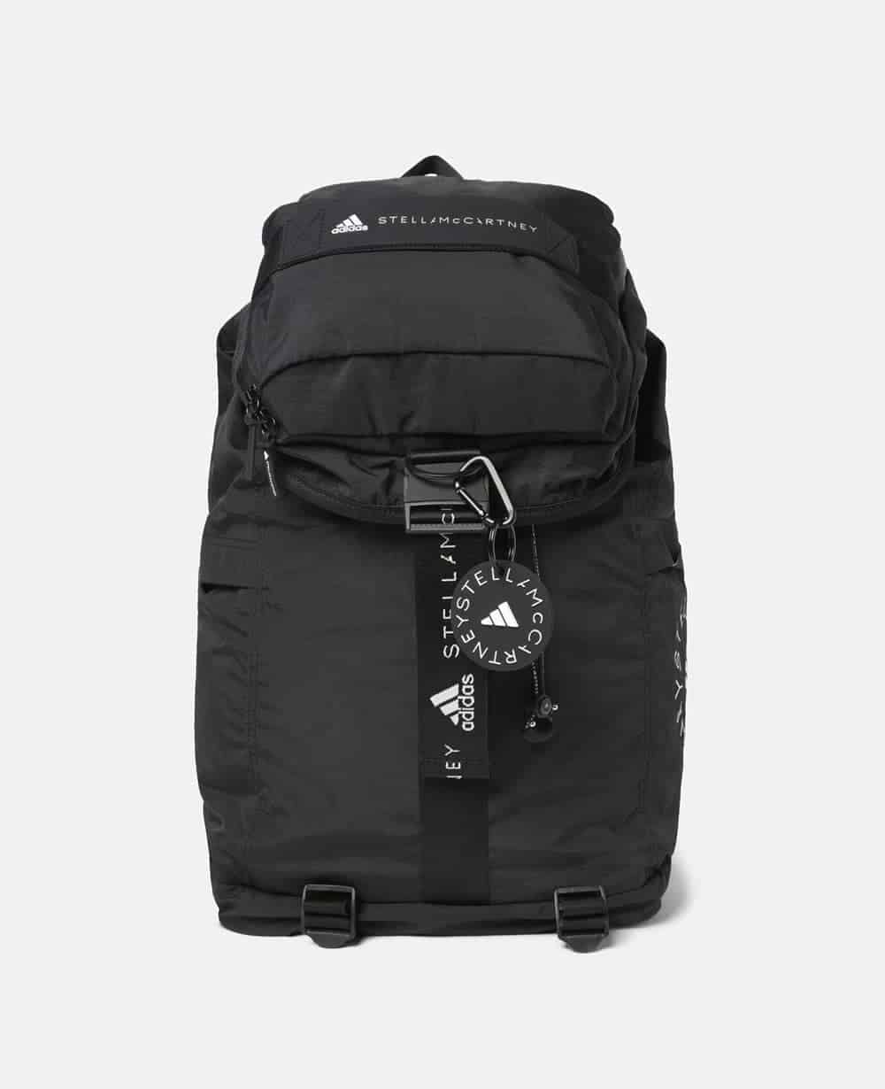 Black backpack featuring logos from Stella McCartney/Adidas
