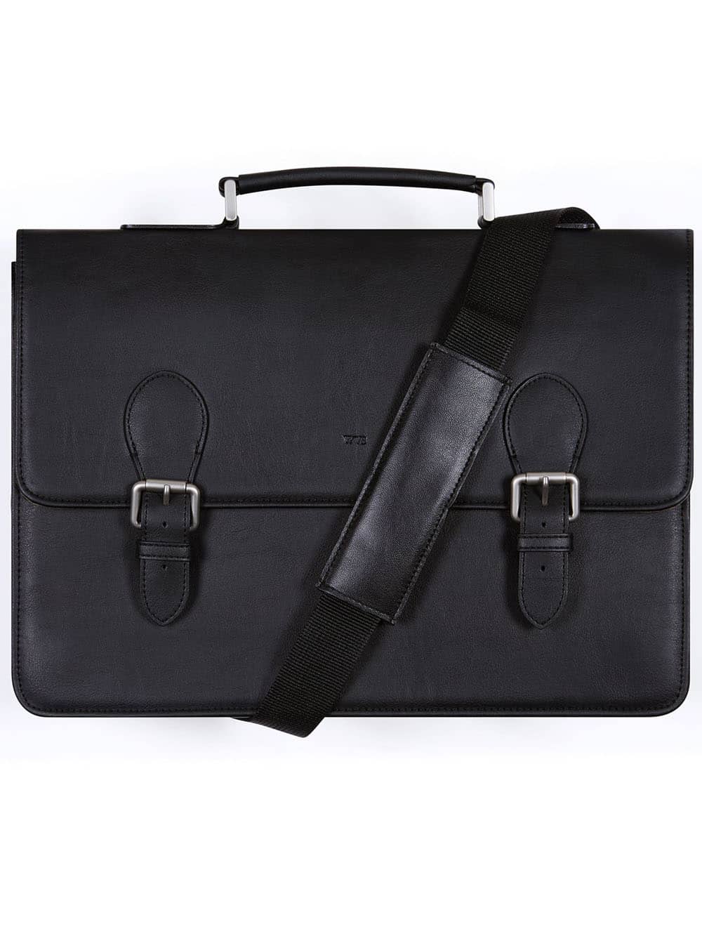 Black vegan leather briefcase with silver hardware and black strap