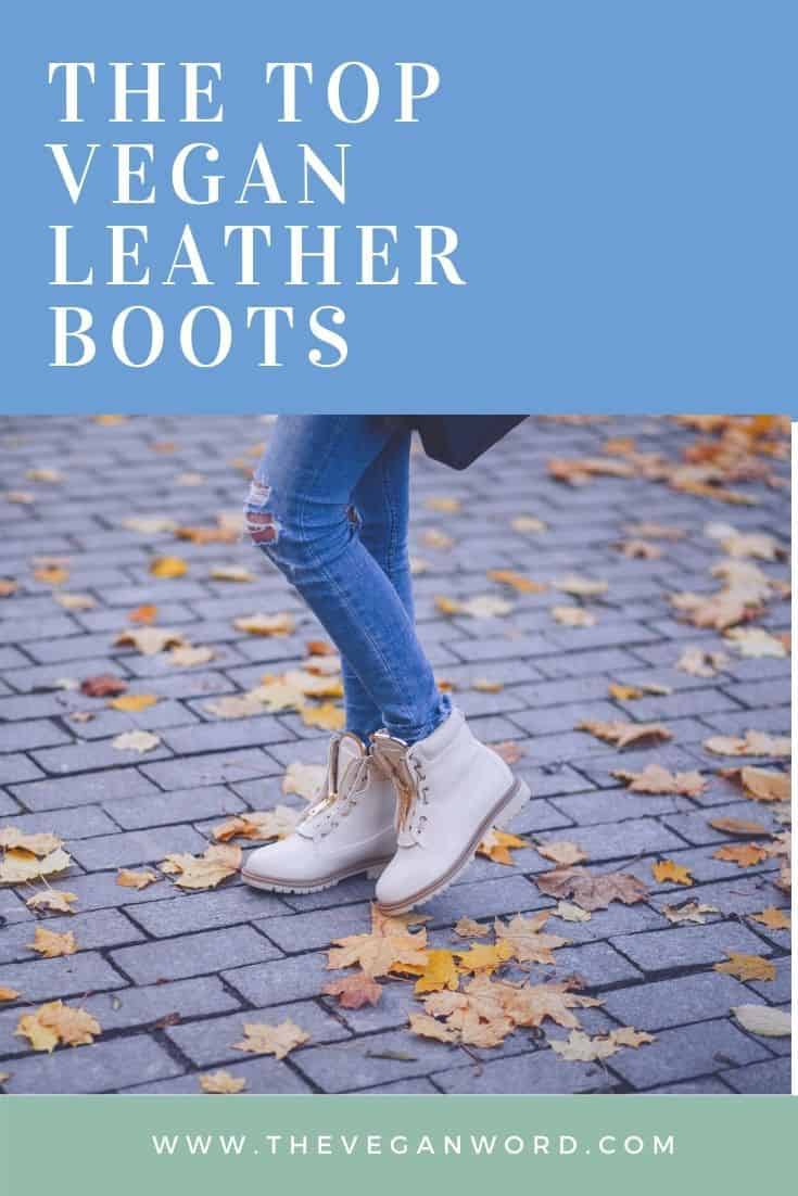 Pinterest image showing person wearing lace up cream boots on a brick walkway, surrounded by yellow autumn leaves