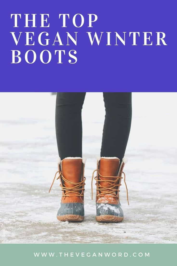 Pinterest image showing person standing in brown winter boots on an icy street (from knees down)