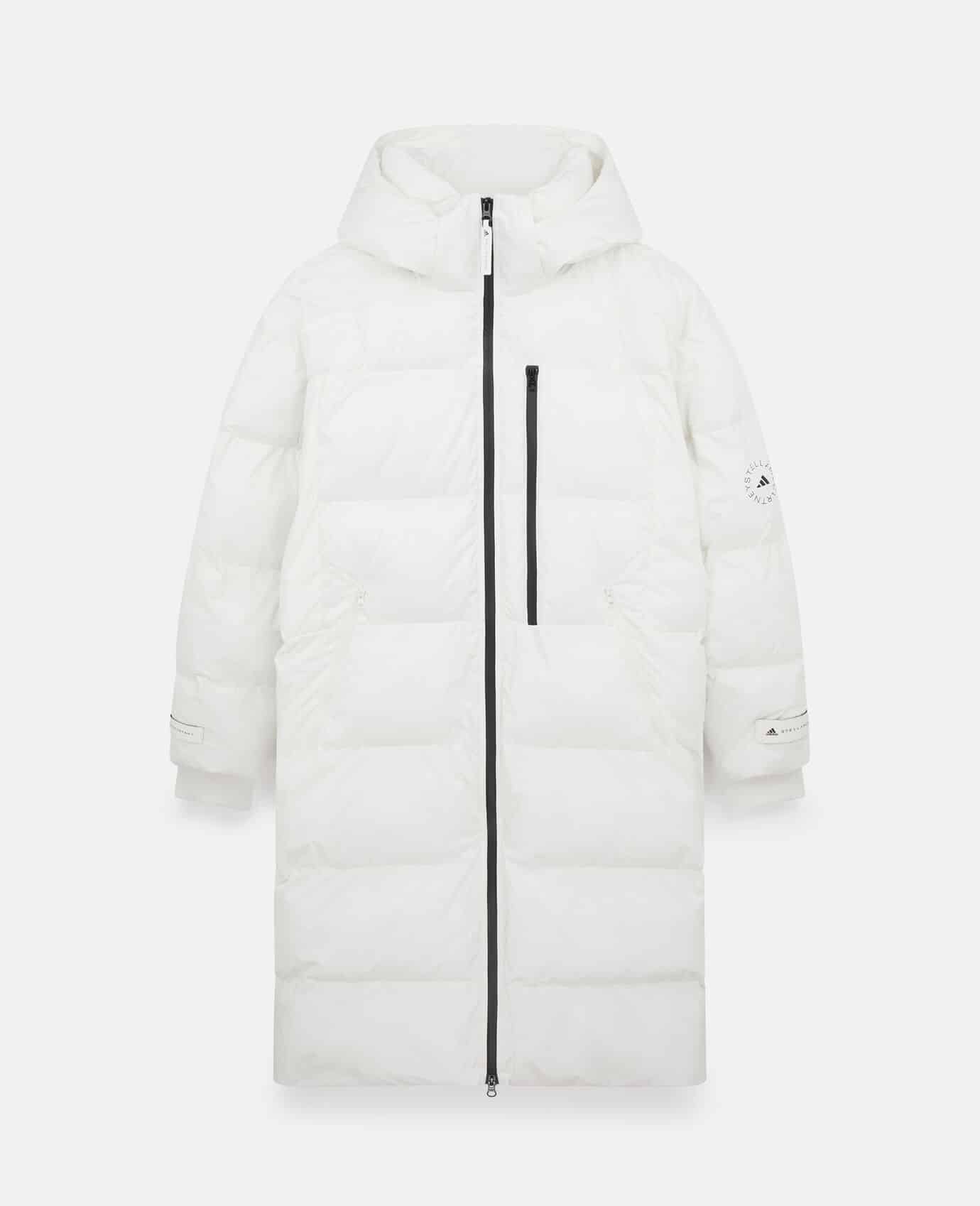 White quilted vegan puffer jacket with full length zip and adidas by Stella McCartney logo on the arm