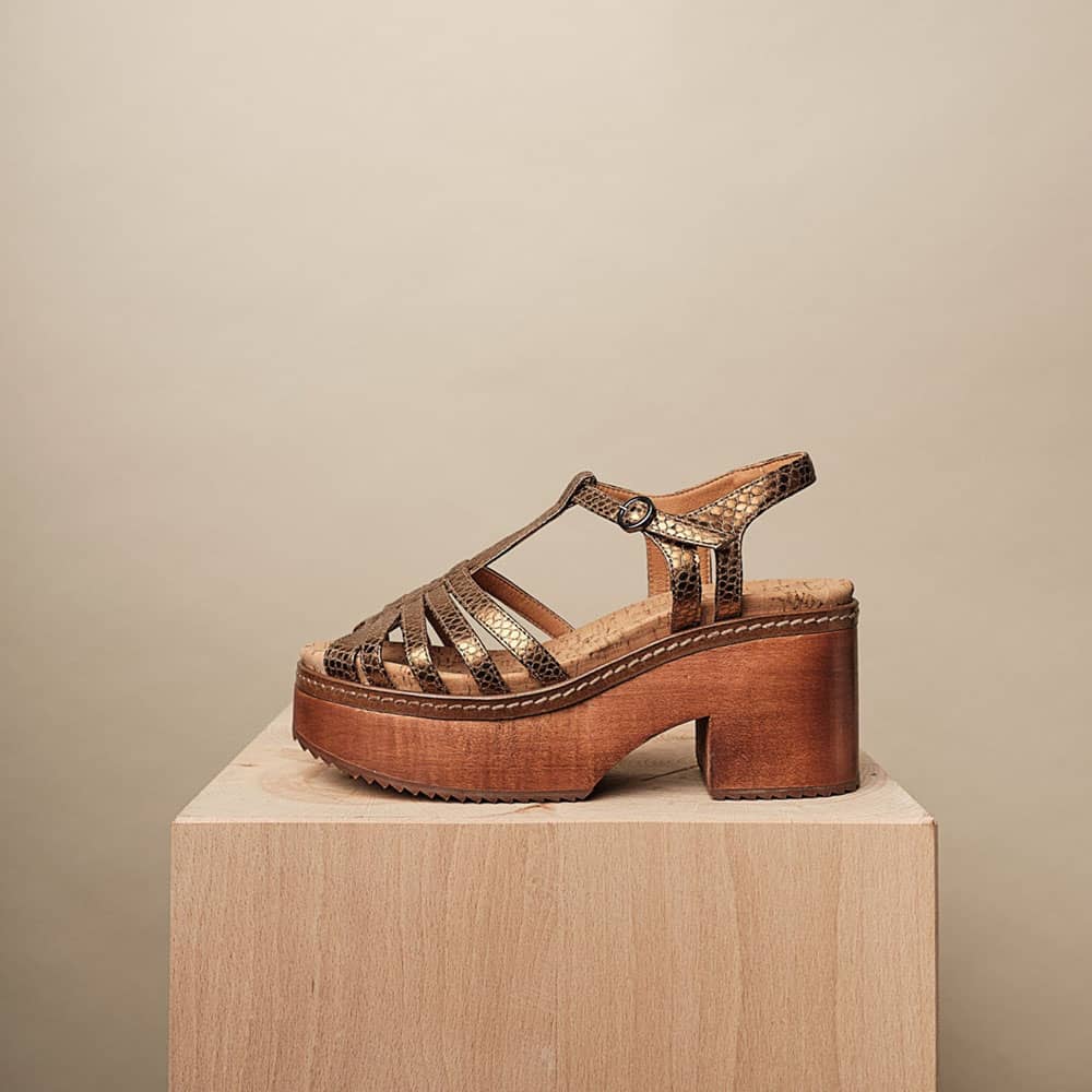 Heeled platform clog sandals with bronze vegan snakeskin print upper