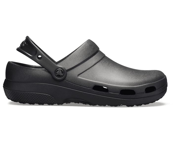 vegan black crocs with strap and bottom vents