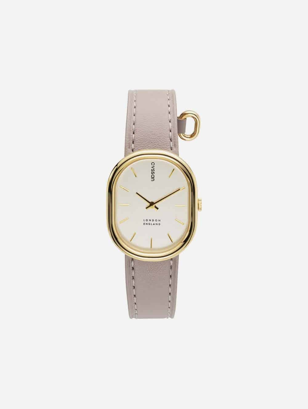 Watch with grey strap, white oval dial and gold hardware