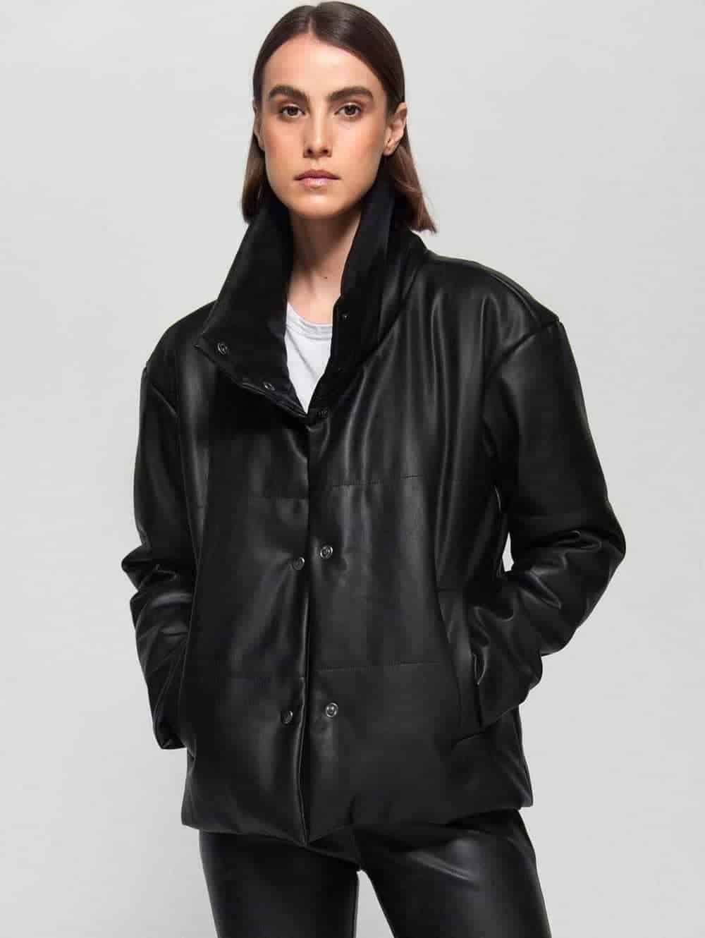 Black vegan leather puffer jacket