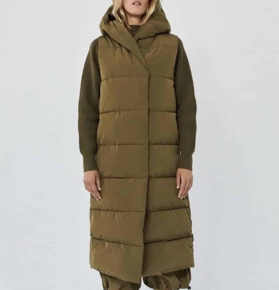 Olive quilted knee length long puffer vest
