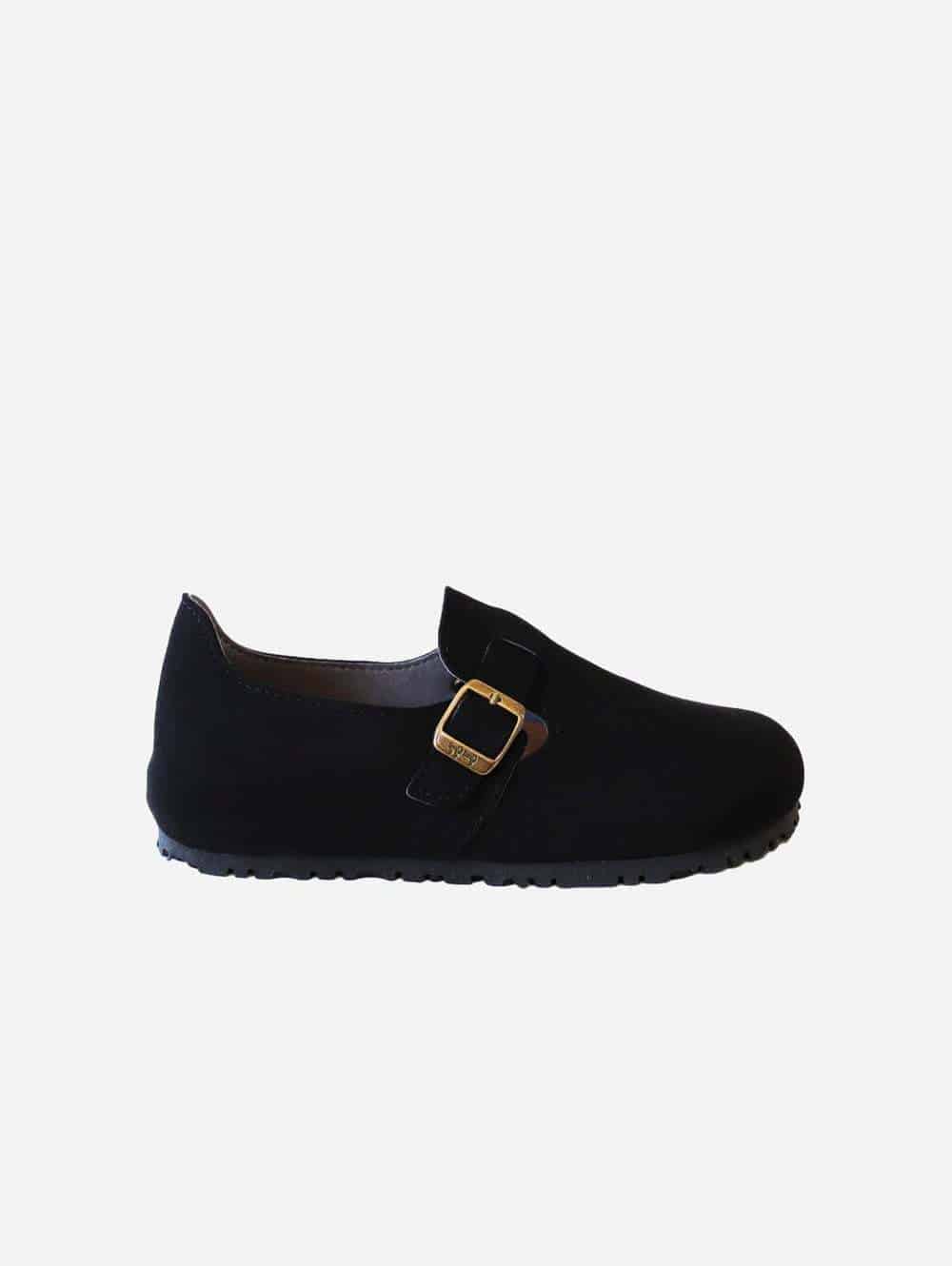 vegan closed toe comfy clogs in vegan black leather with buckle and gold toned hardware