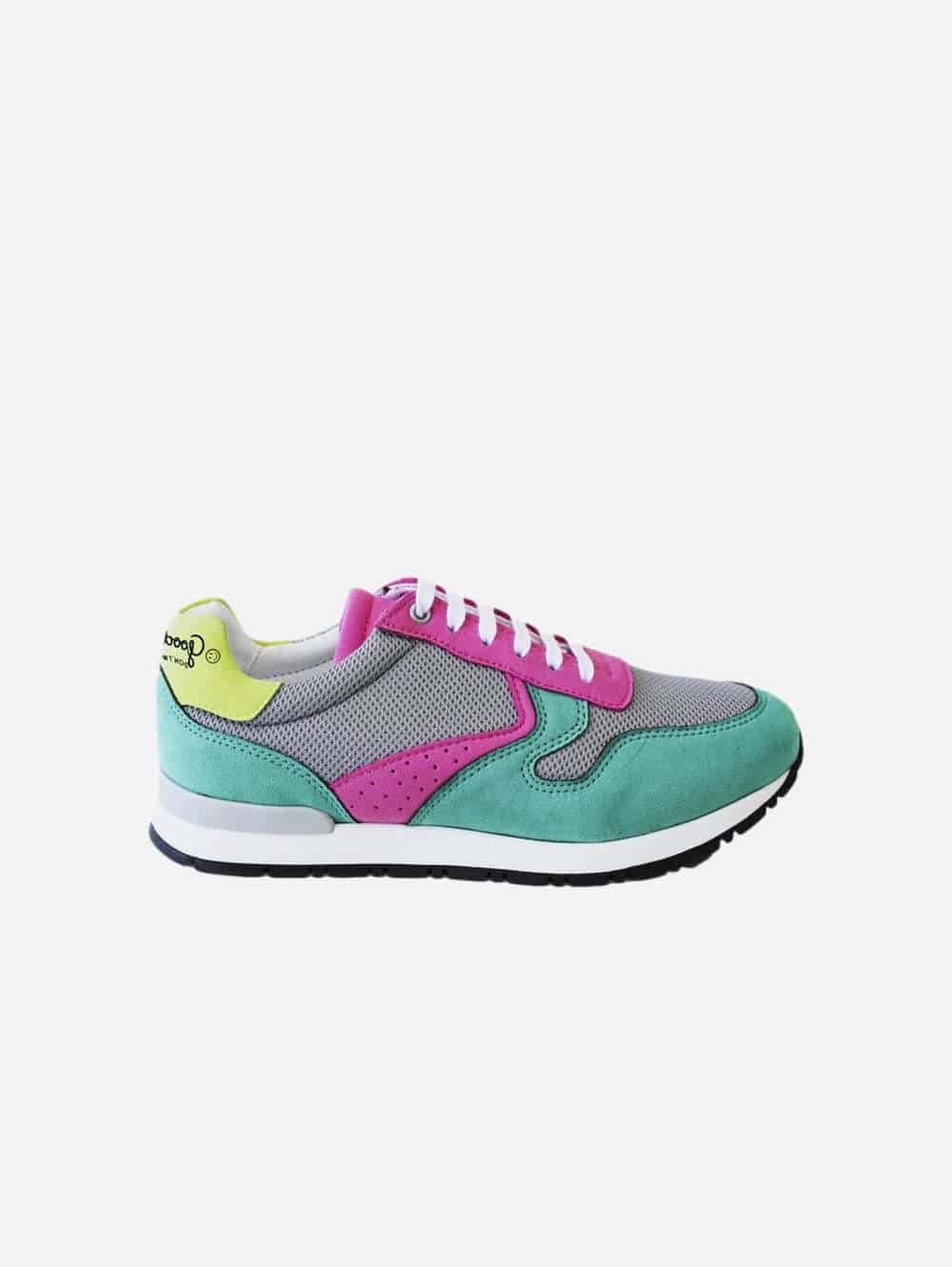 Multicolour vegan suede trainer in neon yellow, teal, grey and fuschia