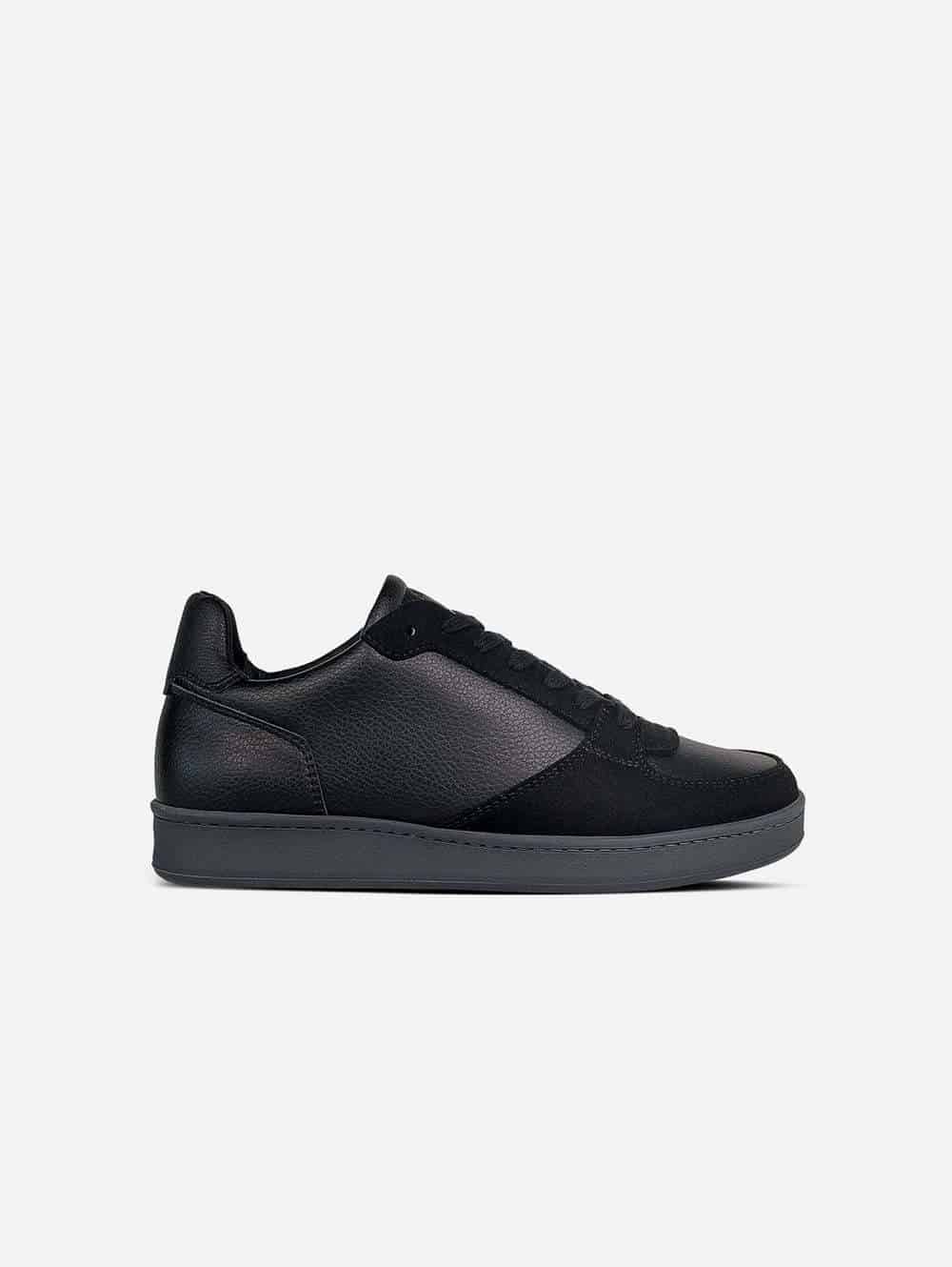 Black vegan leather sneaker with black sole and black laces