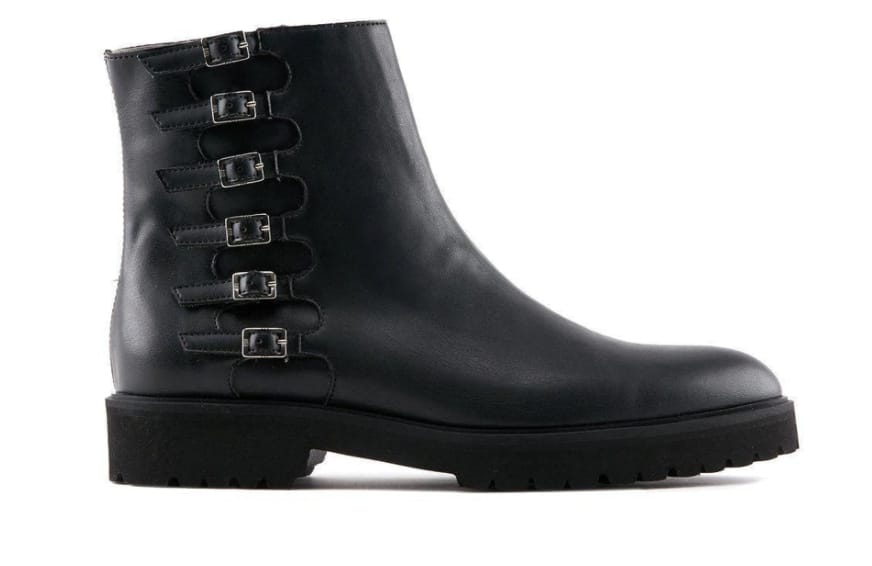 Black vegan leather ankle boots with buckles down the side