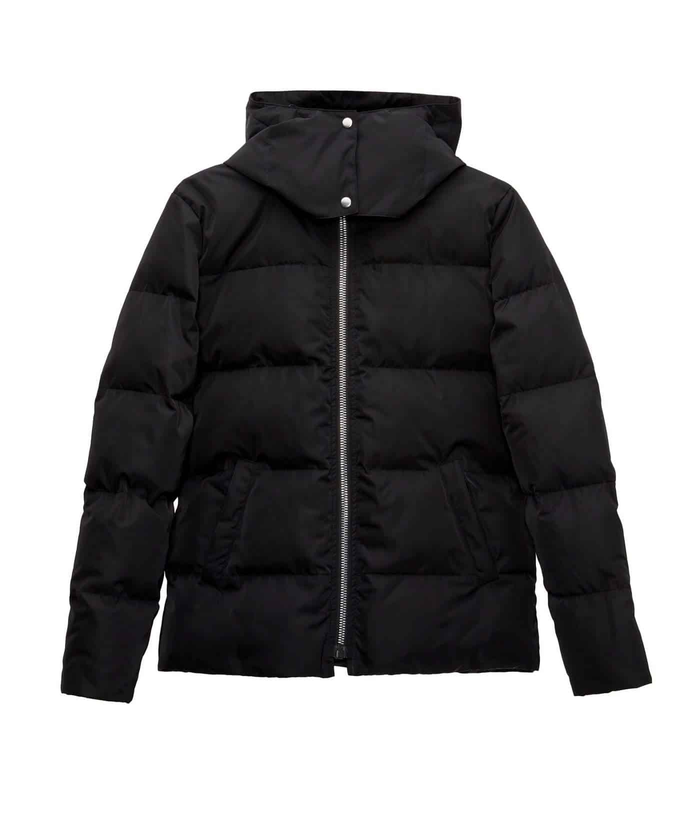 Black short puffer jacket with silver zipper