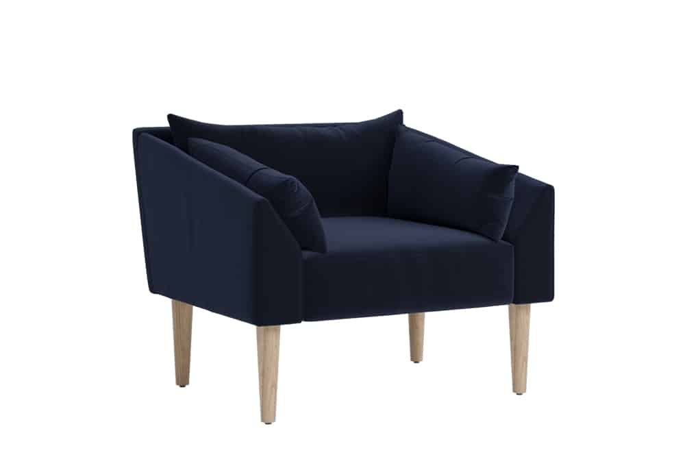 Navy blue recycled velvet chair with wooden legs