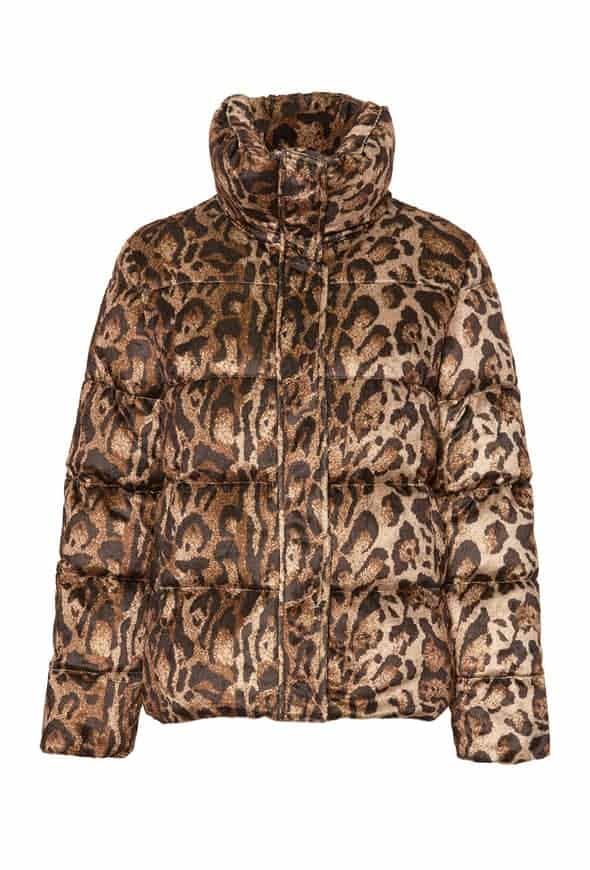 Leopard print vegan quilted puffer jacket