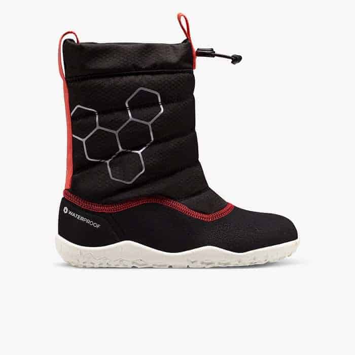 Children's snow boot in black with honeycomb motif in white and red stripe