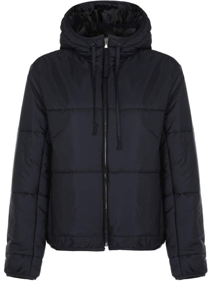 Navy hooded recycled vegan puffer jacket with drawstrings on hood