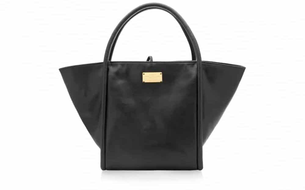 Black tote bag with square bottom and fold out sides