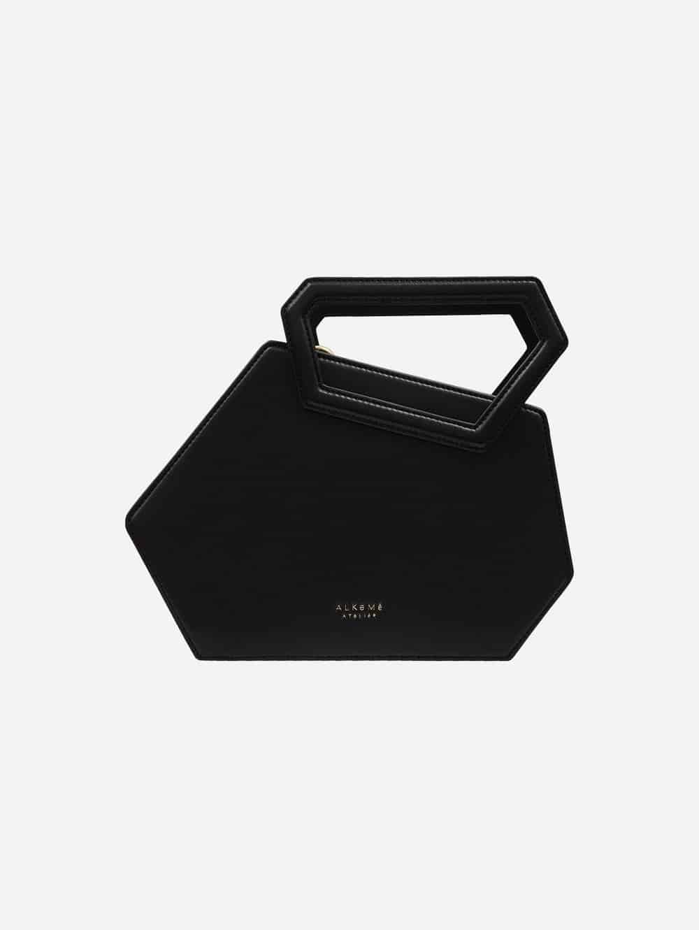 Black vegan leather hexagonal shaped satchel from Alkeme Atelier