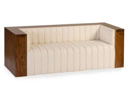 White vegan leather sofa with acacia wood frame