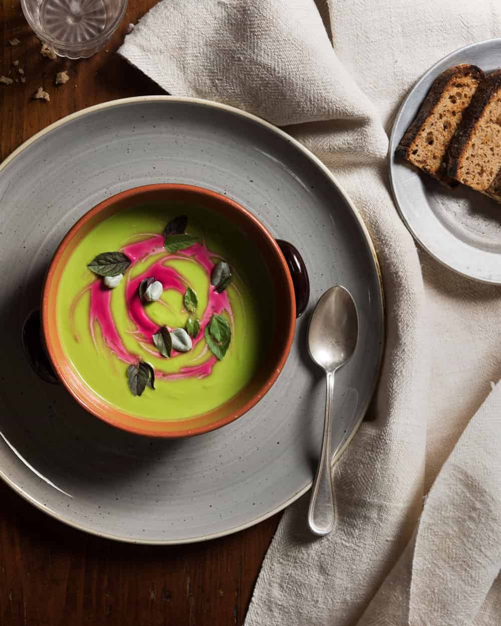 Colourful bowl of soup at i Pini (green with pink swirl)